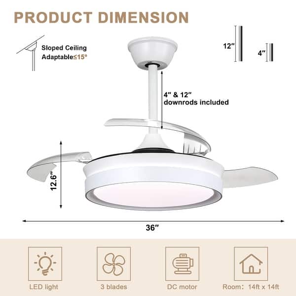 dimension image slide 7 of 8, Bella Depot 36" Modern Retractable Ceiling Fan with Dimmable Led Light, Remote and APP Control 6-Speed Reversible DC Motor