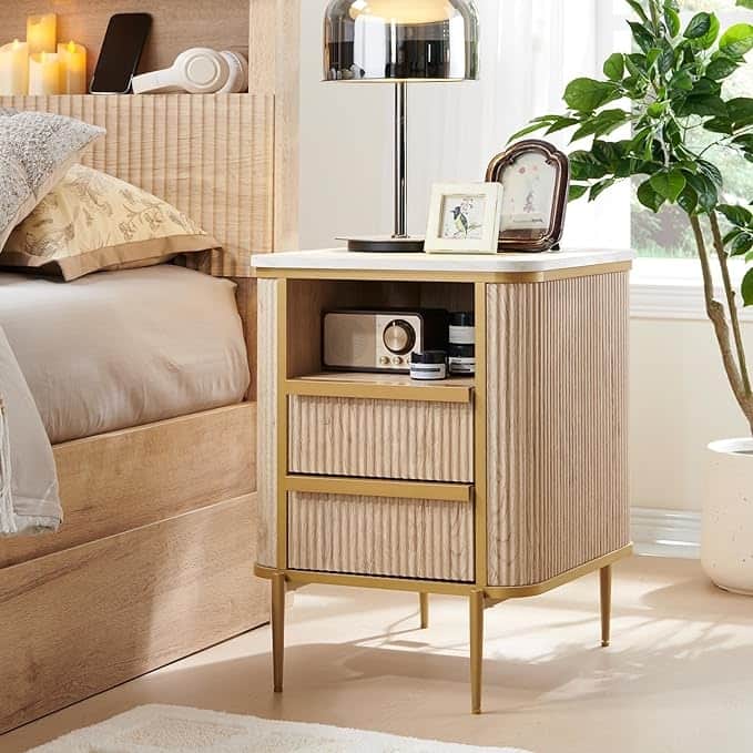 Modern Luxury Fluted Nightstand with faux marble tabletops, End Table