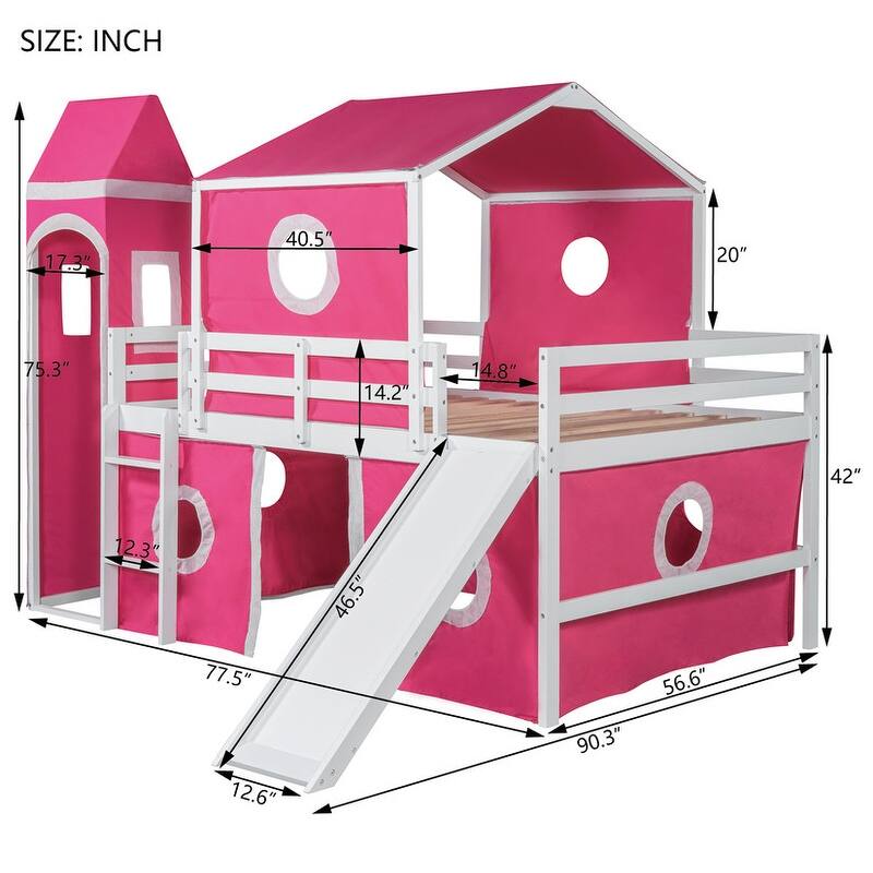 Full Size Loft Bed with Slide, Tent and Tower
