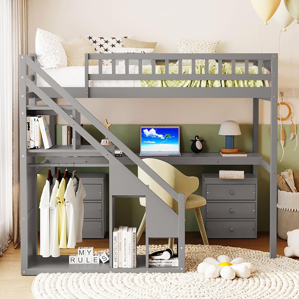 Loft Bed with 2 Chest of Drawers , Integrated Desk, Independent Staircase, Multifunctional Space-Saving Loft Bed for Bedroom