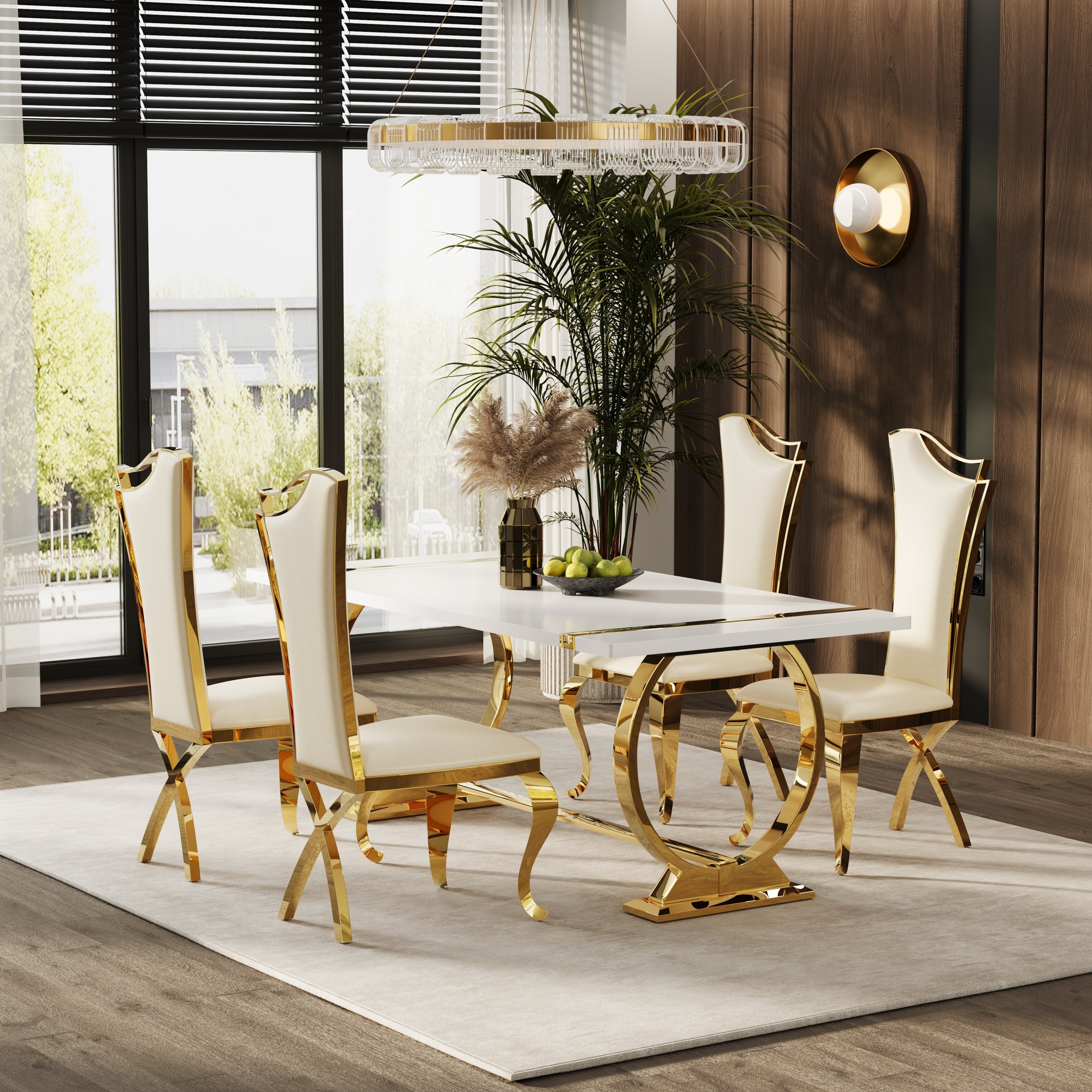 78 inch Luxury Dining Table Set with U Shaped Base Dining Table and White Leather High Back Chairs