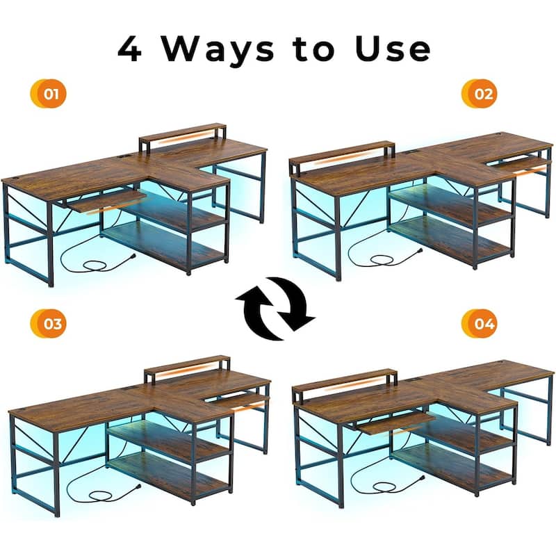 Two Person Double Computer Desk LED Gaming Desk 2 Storage Shelves