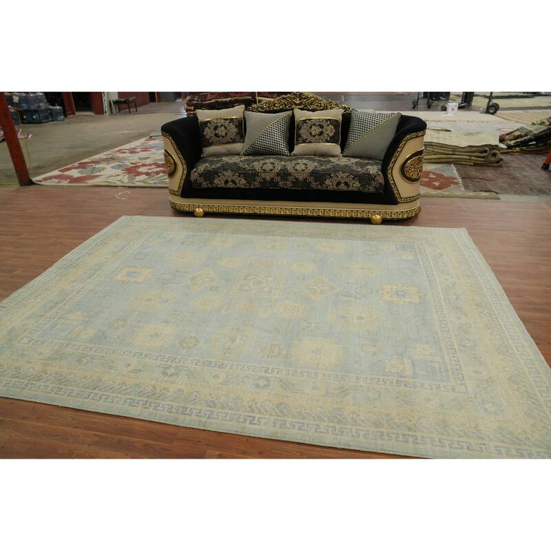 Vegetable Dye Blue Oushak Turkish Area Rug, Floral Geometric Carpet - 10' 7'' X 8' 1''