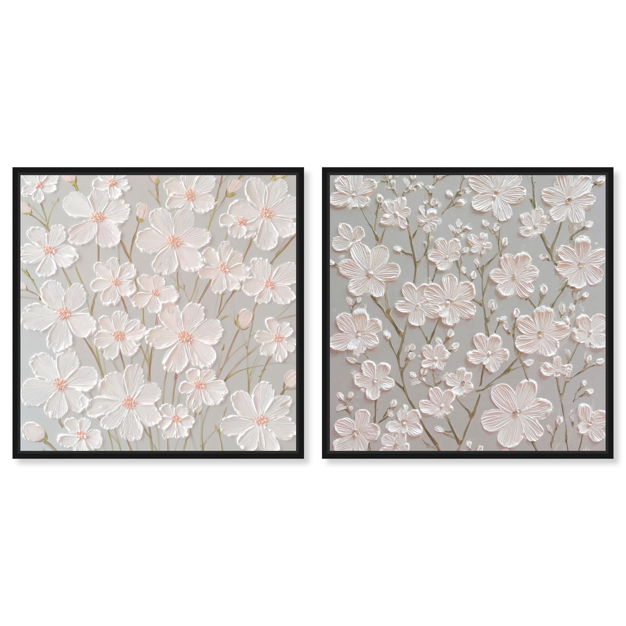 Neutral Serenity Floral Art 2 Panel Set Framed Canvas Print by Art Remedy