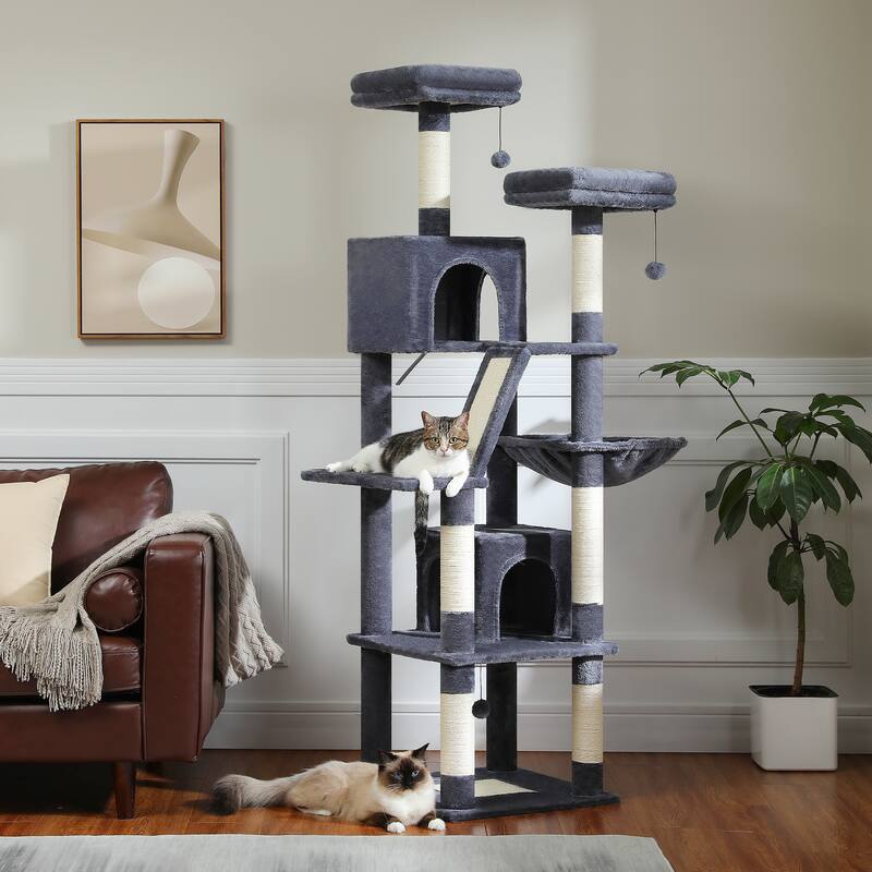 Multi-Level Indoor Large Cat Tree Scratching Post with 2 Perches, 2 Condos, Hammock and 2 Pompoms