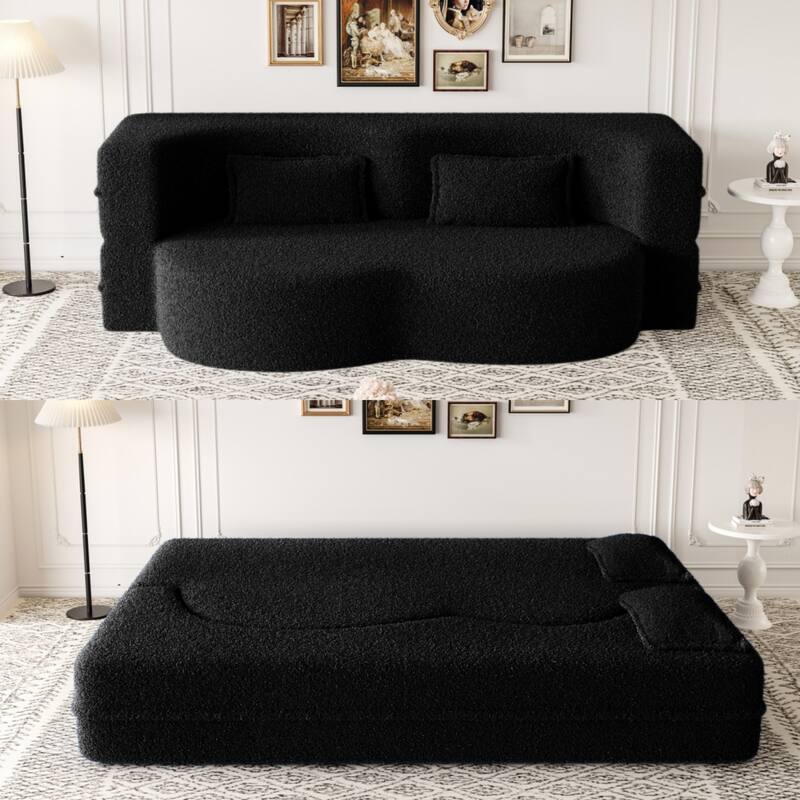 Modern Convertible Teddy Fabric Foam-Filled Sleeper Sofa Bed with 2 Pillows