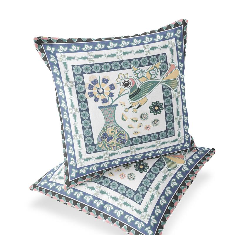 HomeRoots Set of Two 16" X 16" Blue and White Peacock Blown Seam Floral Indoor Outdoor Throw Pillow - 16.00' X '16.00' X '5.00