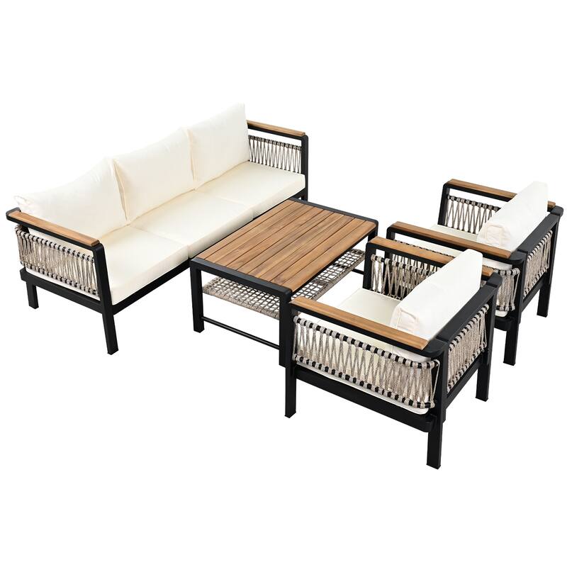 4-Piece Outdoor Conversation Sofa Set with Acacia Wood Coffee Table by Leisure Zone
