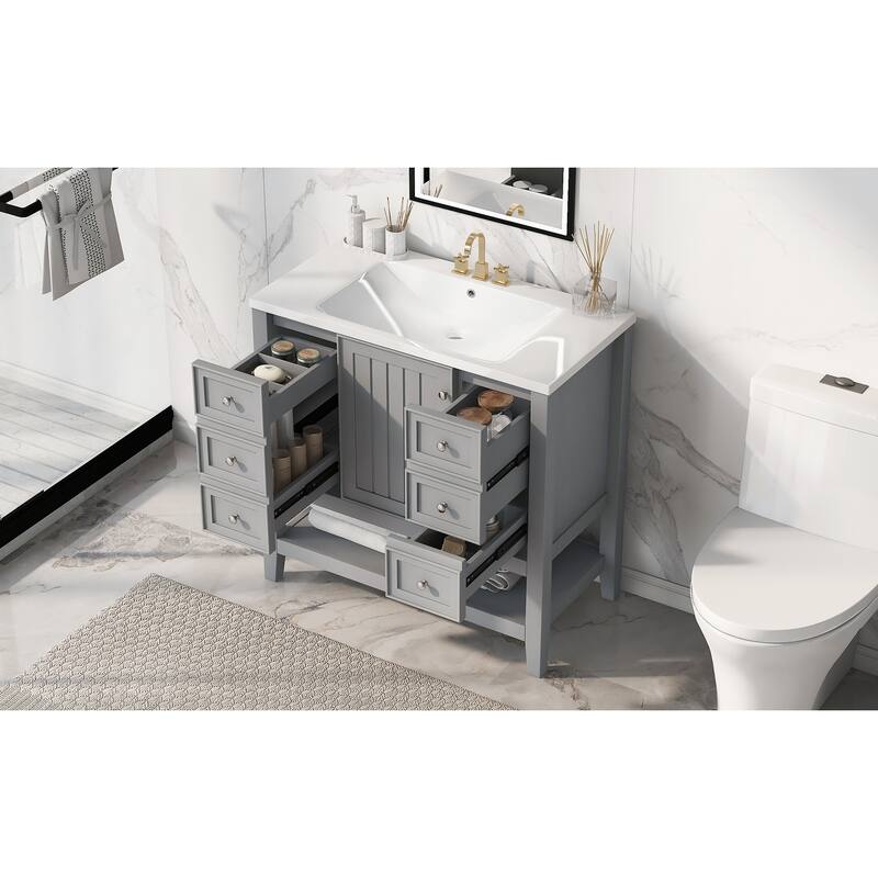 Bathroom Vanity with Sink, Bathroom Vanity with 1 Cabinet and 3 Drawers, Solid Wood Storage Cabinet with Open Shelf