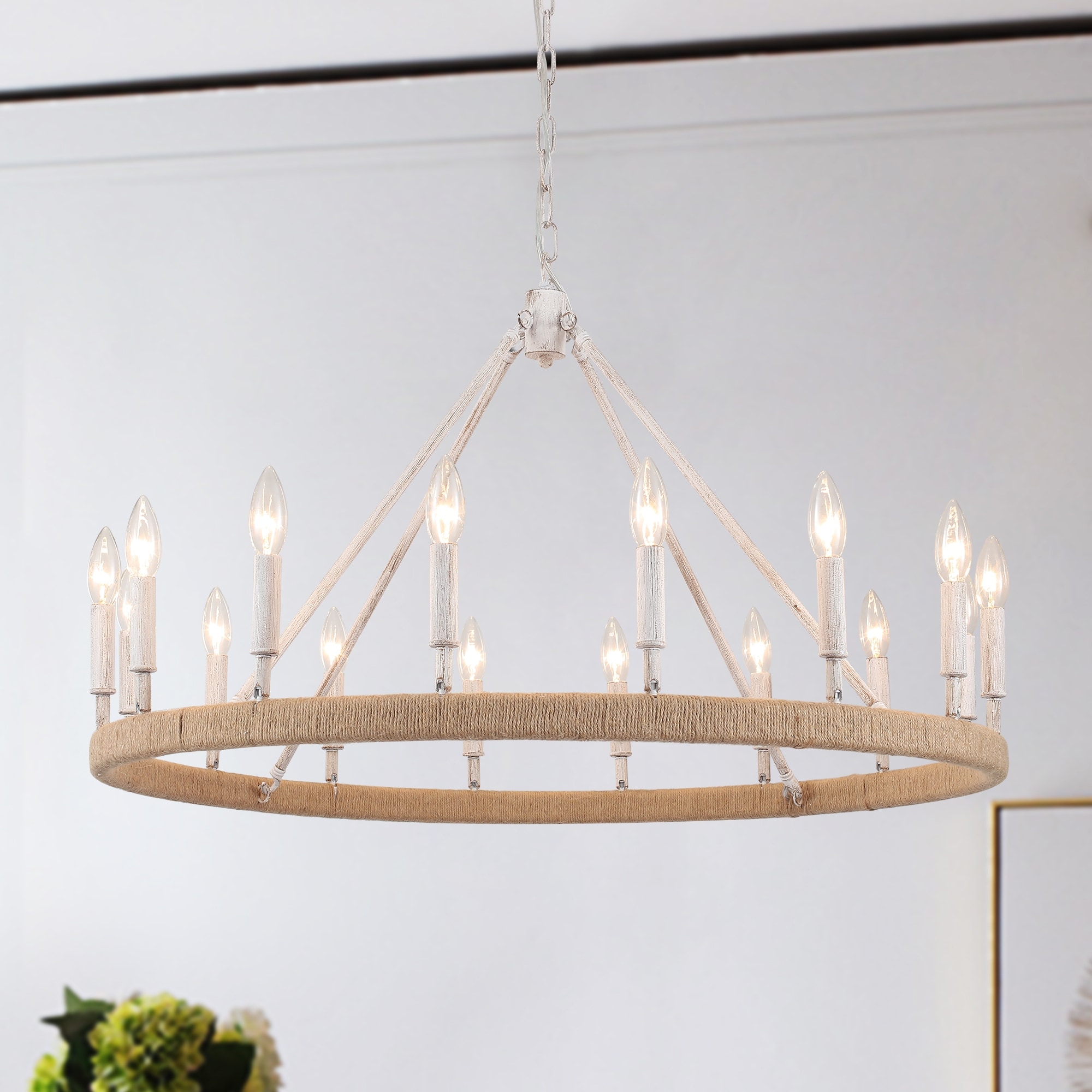 12/16-Light Modern Farmhouse Hemp Rope Wagon Wheel Chandelier