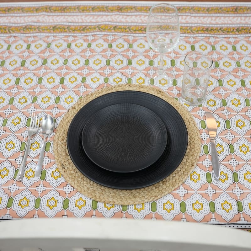 Fabdivine Handmade Block Print Cotton Brown Table Cover or Cloth Dining, Farmhouse & Kitchen Décor