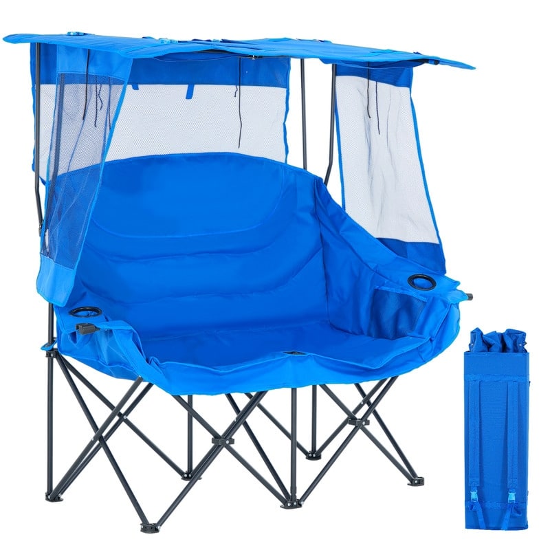 Double Beach Chair with Canopy Shade, Cup Holder and Side Pocket