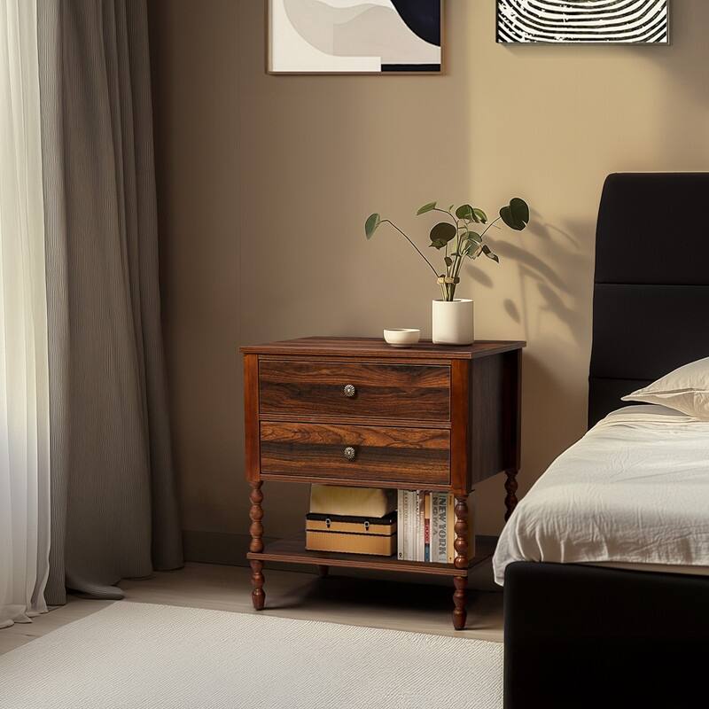 Brown Mid-Century Modern Hemmer 2 Drawers Lower Shelf P2 Particleboard 3D Paper Solid Wood Legs 24 Inches 1 Piece