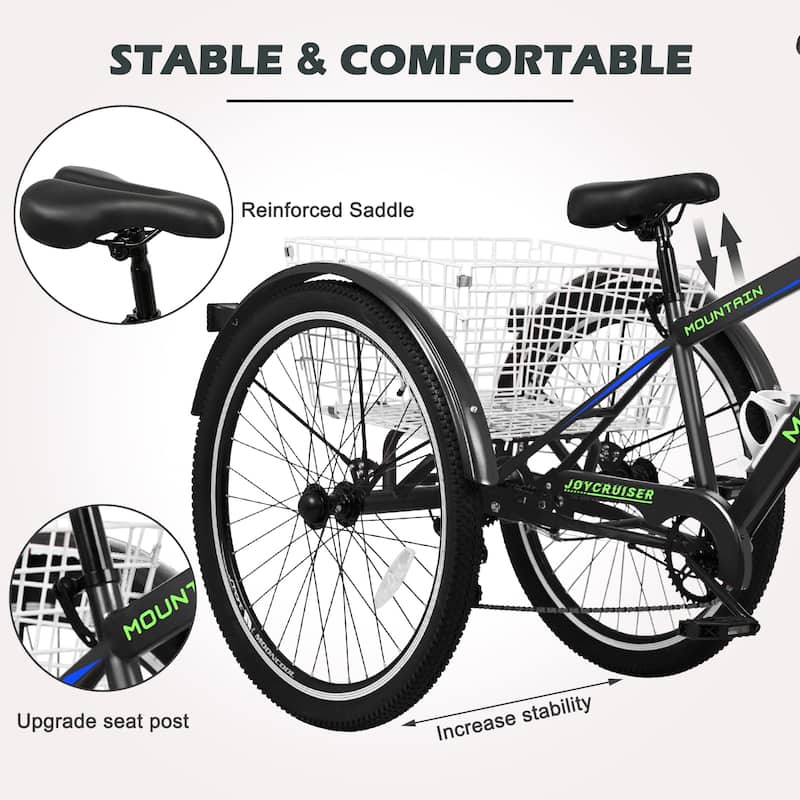 DoCred Mountain Tricycle 7 Speed 3 Wheel Bike with Basket