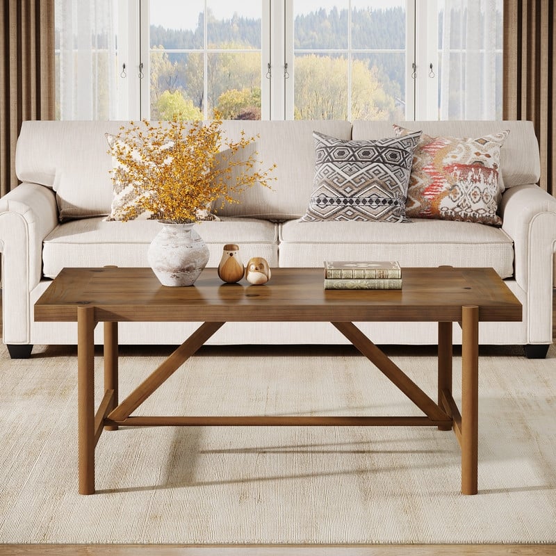 47-Inch Solid Wood Coffee Table with Column Legs, Farmhouse Center Tea Table for Living Room, Apartment