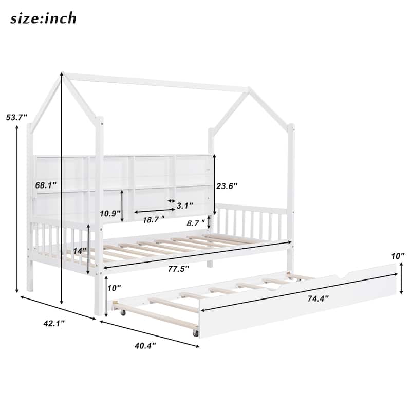 Wooden Twin Size House Bed with Trundle Kids Bed with Shelf - White