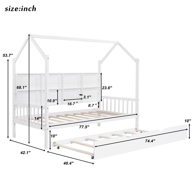 Wooden Twin Size House bed with Trundle, bed with Shelf, White