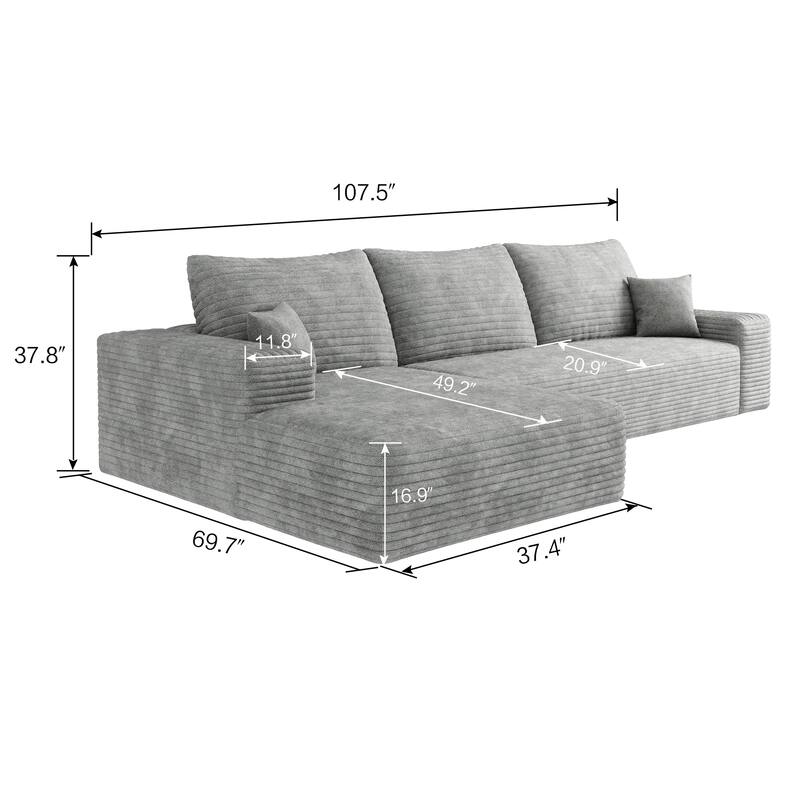 Cloud Sectional Couch with L-Shaped Chaise, Modular 3 Seat Corner Sectional Sofa, Corduroy Upholstered Sleeper Sofa
