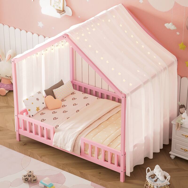Montessori Floor Bed with Canopy, Full Bed Frame for Kids, House Shape Toddler Bed Frame with High Railings