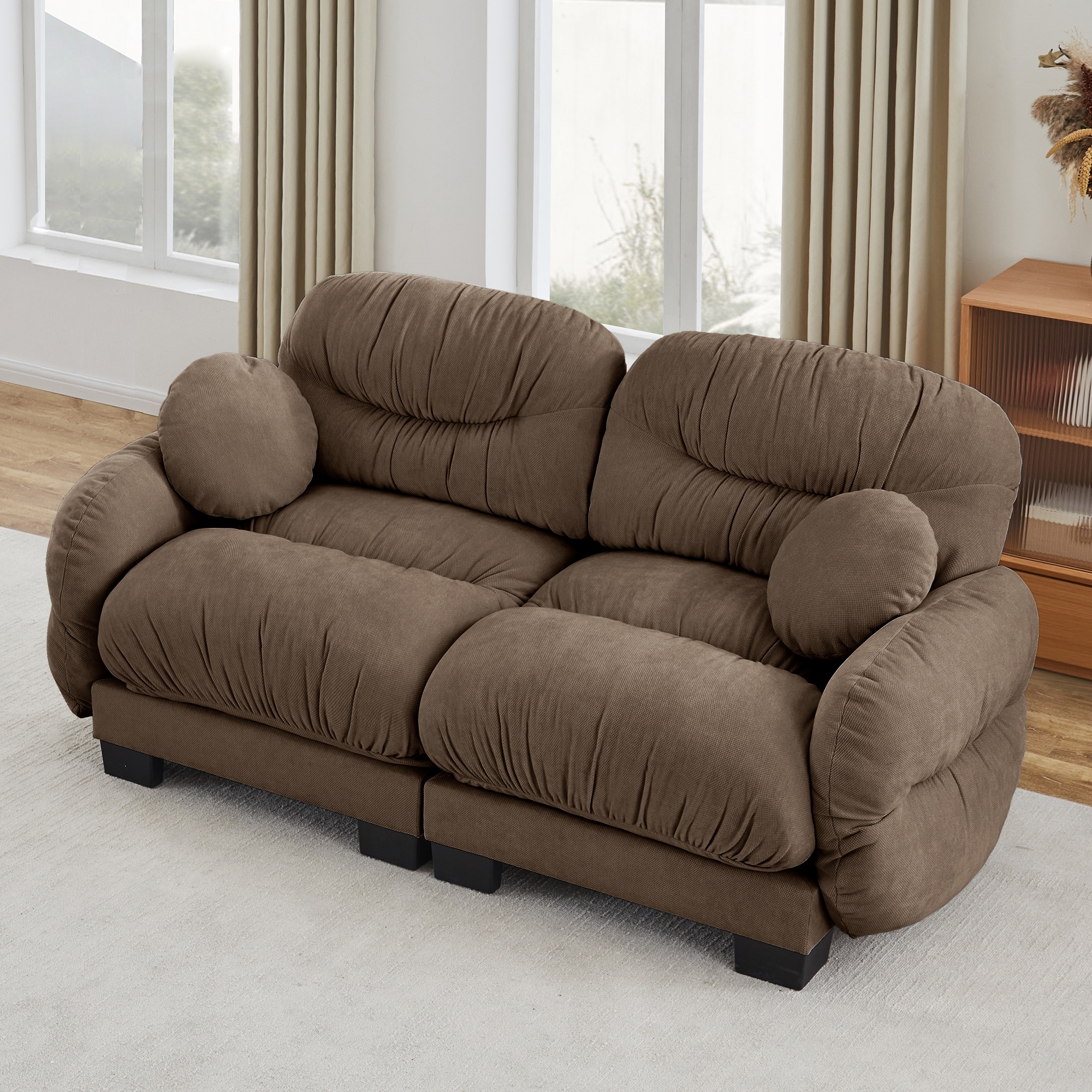 2 Seater Modular Sofa with Round Armrests, Loveseat Sofa Couch Brown Accent Couch with 2 Round Throw Pillows