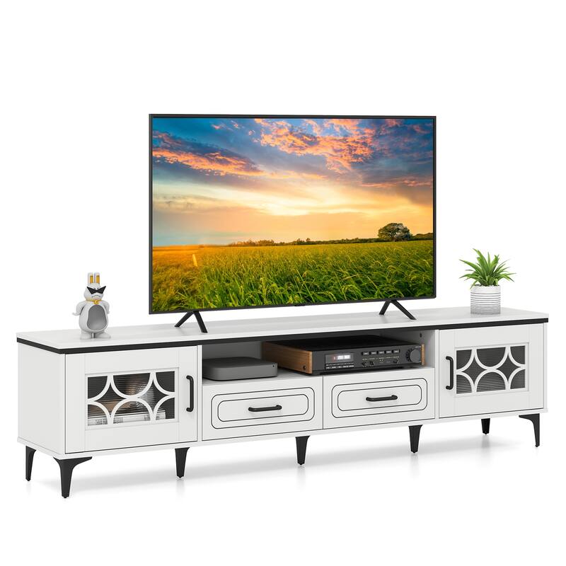 Modern 71" TV Console Table with Storage Drawers Cabinets and Cord Hole Metal Legs for Living Room - 71" x 14" x 18" - Antique-White
