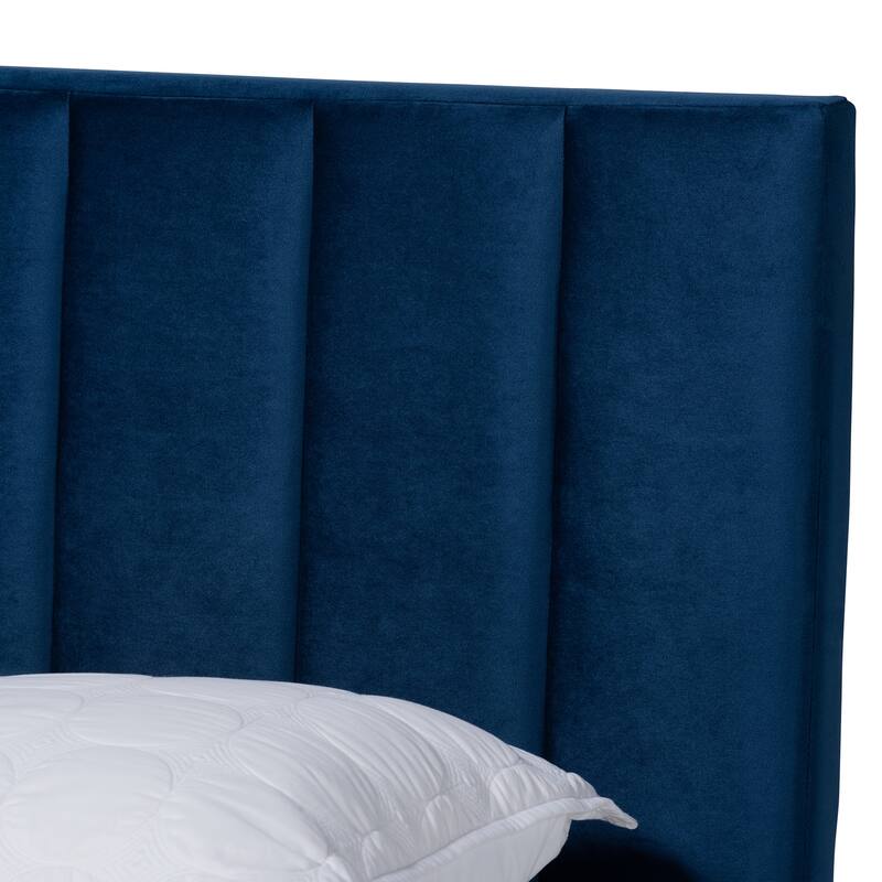 Navy Blue Velvet Queen Panel Bed with Channel Tufted Headboard, Luxe and Modern