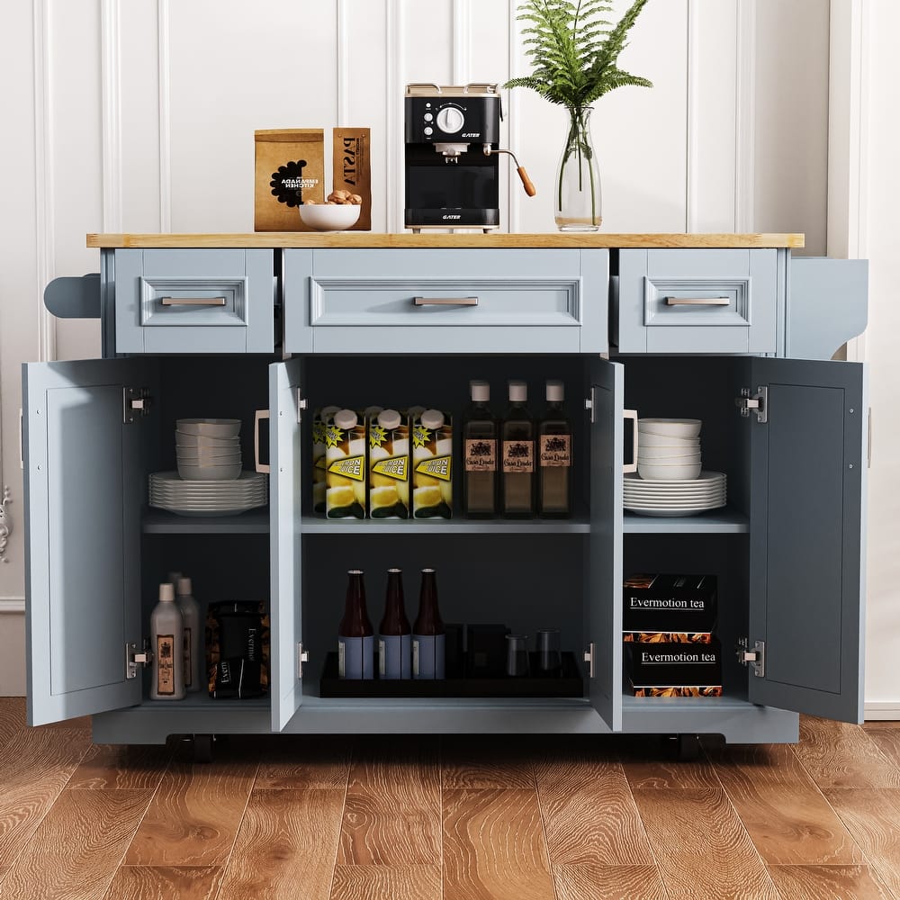 54" Large Rolling Kitchen Island with Rubber Wood Drop Leaf - Embossed Texture Storage Cart with 4 Doors & 3 Drawers for Kitchen