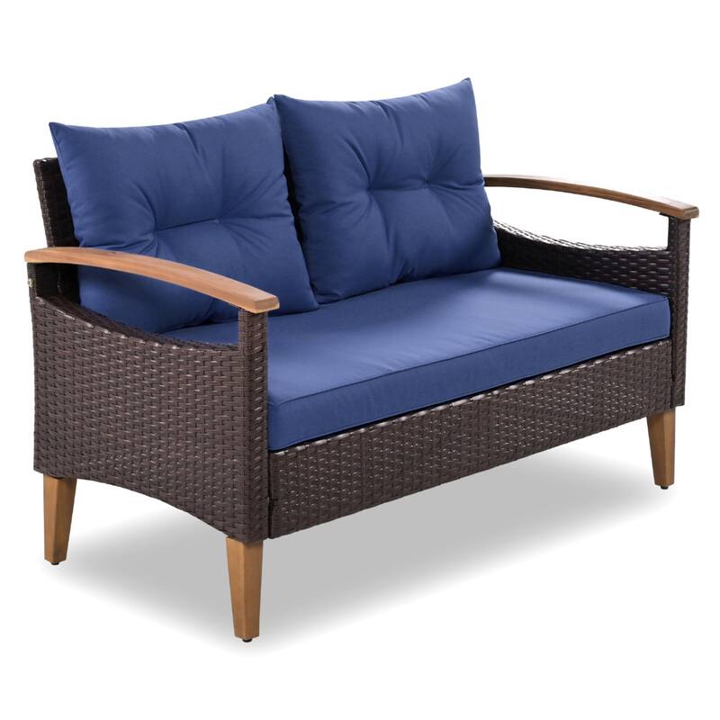 4 Piece Outdoor Sofa Set, All Weather PE Rattan Garden Furniture Set with Acacia Wood Dining Table and Armrest Chairs