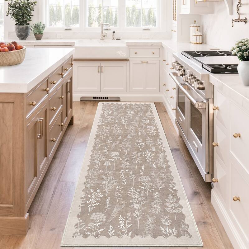 Botanical Washable Area Rug Modern Bird Pattern Rug Soft Non-Slip Low Pile Rugs for Living Room Bedroom