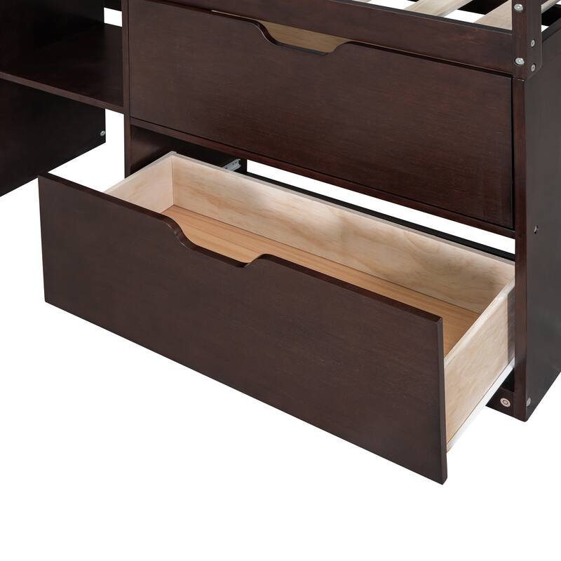 Twin Size Low Loft Bed with Rolling Desk, Shelf, and Drawers for Children's Bedrooms, Small Space - Space-Saving Design