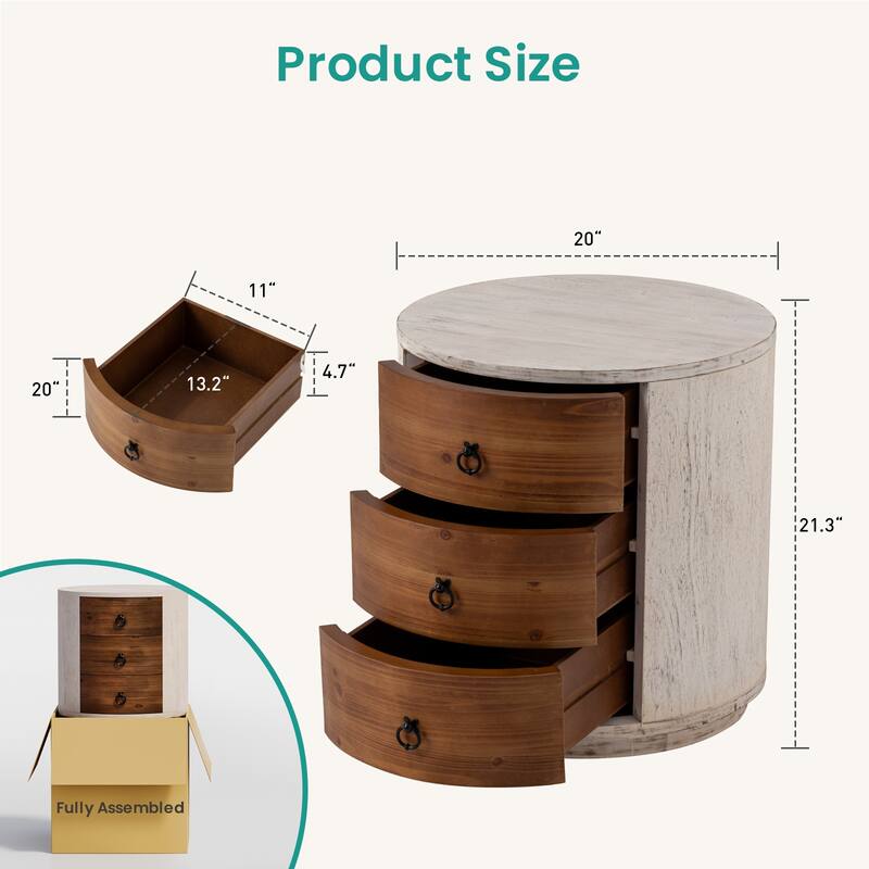 SUNBURY Round 3-Drawers Nightstand Accent Storage Cabinet