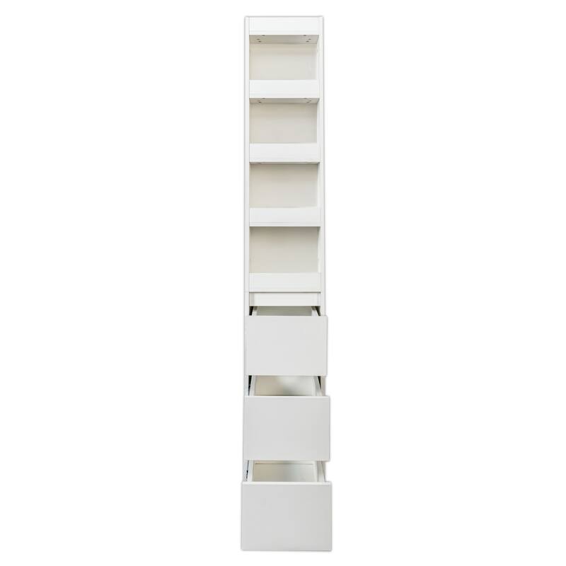 70.87" H Display Storage Cabinet, 4-Tier Shelf, 3 Side Drawers & 4 small display shelves, Modern Wooden Tall Bookshelf Bookcase