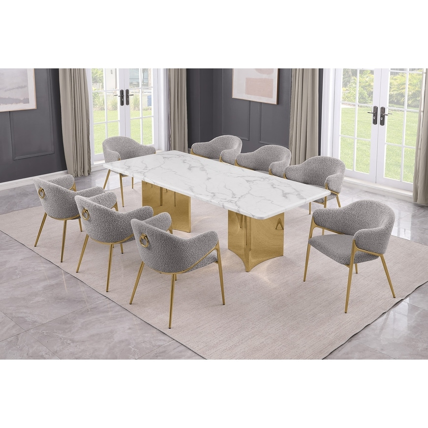 Best Quality Furniture White Marble 9pc Dining Set Boucle Fabric