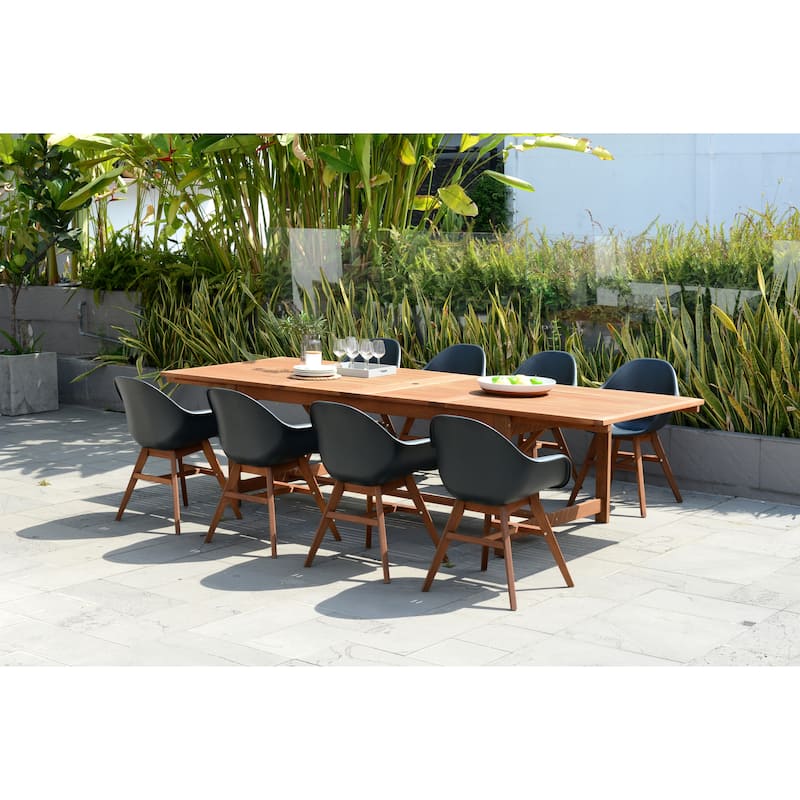 Amazonia Deluxe Hawaii Wood/ Resin 9-piece Rectangular Patio Dining Set - Dark Wood Finish & Black Chairs