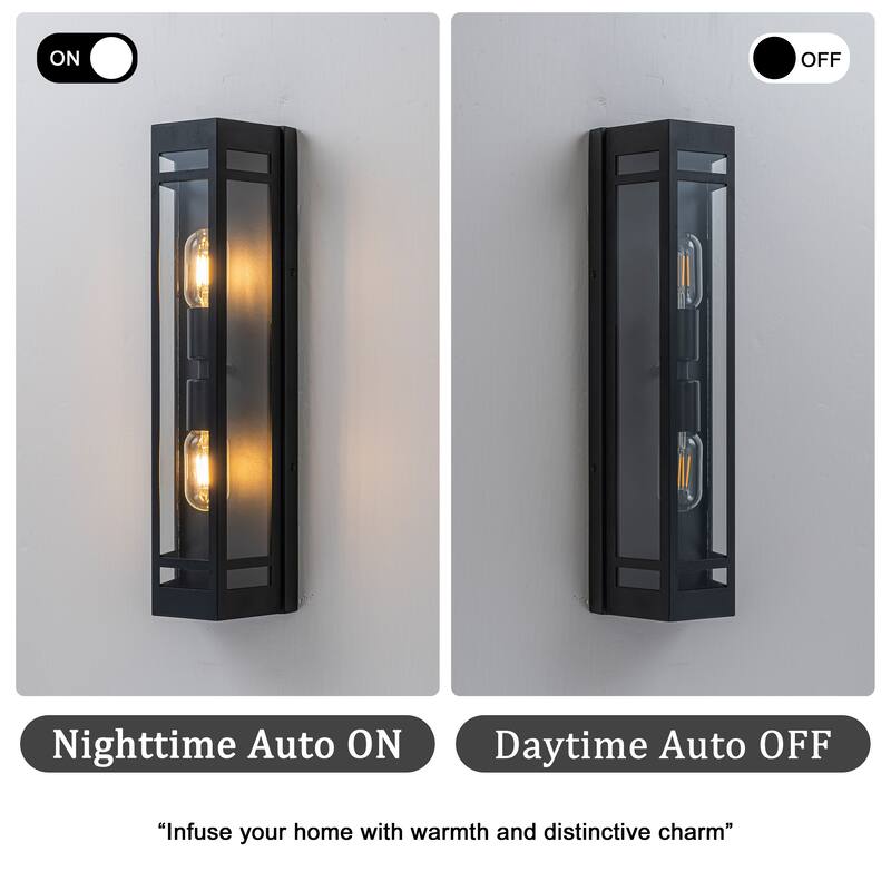 2-Light H20" Modern Black Outdoor Wall Light with Dusk-to-Dawn Sensor Front Door Garage Exterior Lighting Fixture - W6''