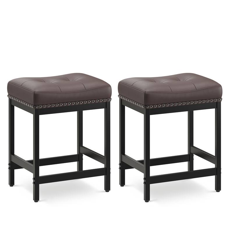 24.4" Backless Bar Stools Set of 2 - PU Leather Counter Height - Kitchen Island & Bar - Brown - Set of 2