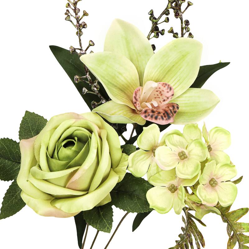 Set of 2 Green Artificial Mixed Rose Cymbidium Orchid Hydrangea Flower Stem Bush Bouquet 16in - 16" L x 9" W x 9" DP