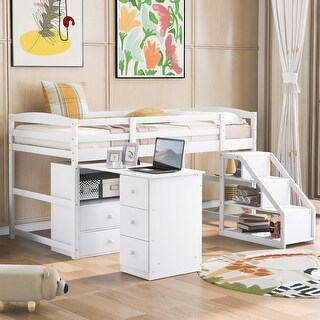Twin Size Loft Bed with Multifunctional Movable Built-in Desk and and Staircase,Built-in Movable Bookshelves Double.