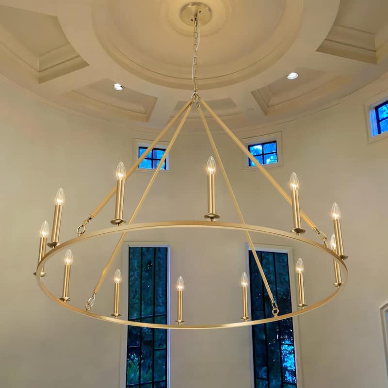 12-Light Modern Traditional Gold Pendant Light for Living Room Large Wagon Wheel Chandelier with Candle Accents - 47.2 in. W x 35.4 in. H - Brushed Gold