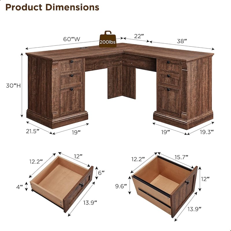 Farmhouse Computer Desk, Wood Home Office Desk with Charging Station