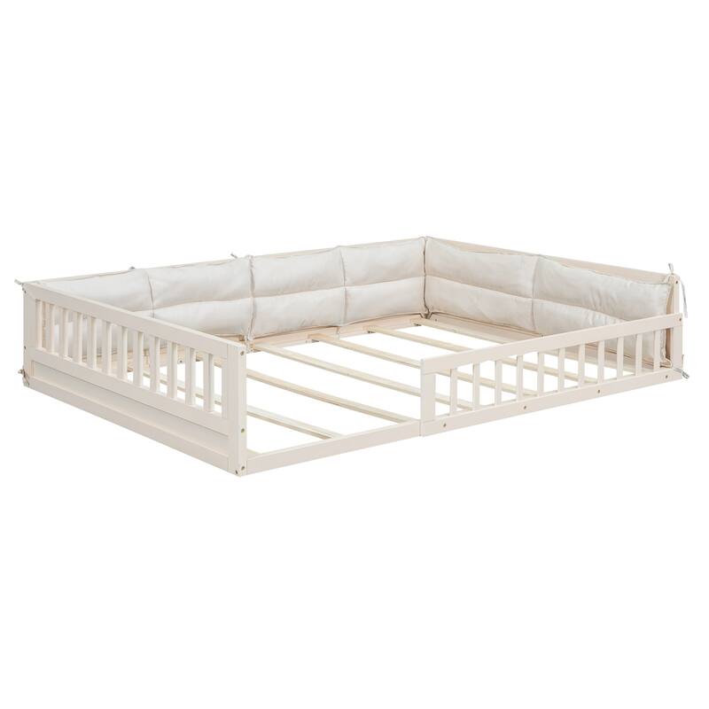 Full Size Upholstered Platform Bed Frame with Guardrail and Pillows, No Box Spring Required, Sturdy and Comfortable for Bedroom