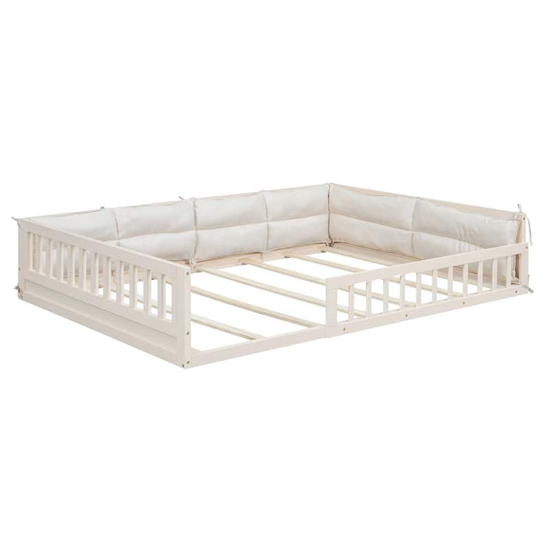 Wood Full Size Upholstered Platform Bed with Guardrail and Pillow