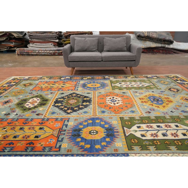 Hand Knotted Oriental 100% Wool Carpet Traditional Geometric Navy Blue & Blues Kazak Area Rug - 12' 2'' X 8' 10''