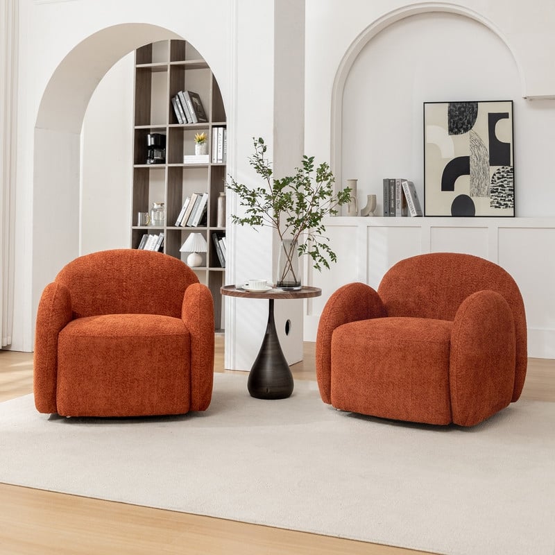SEYNAR Modern Glam Boucle Upholstered Swivel Accent Armchair, 360 Degree Swivel Barrel Chair Set of 2 for Living Room - Orange