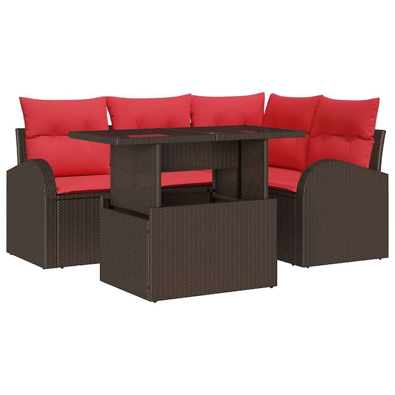 vidaXL 5 Garden Sofa Set with Cushions Black/Brown/Grey Poly Rattan - 69.9 x 48.2 x 27.2