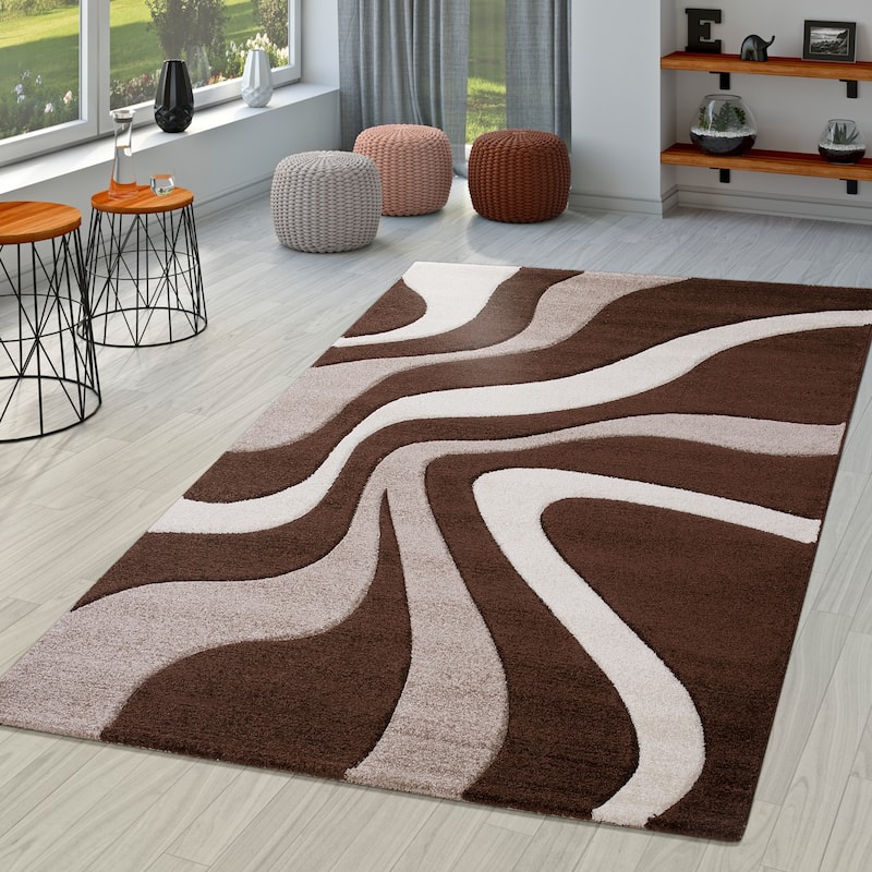 Designer Area Rug with Contour Cut and Modern Wave Pattern - 5'3" x 7'7" - brown