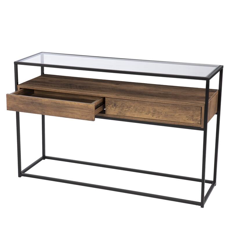 HomeRoots 48" Clear and Black Glass Frame Console Table With Storage With Storage - 48.00 in. x 30.00 in. x 14.00 in.