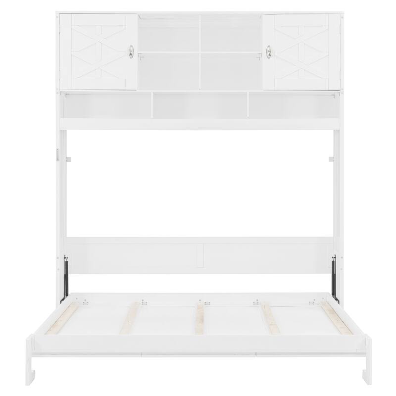 Queen Size Wall-Mounted Murphy Bed with Storage and Decorative Panels, White