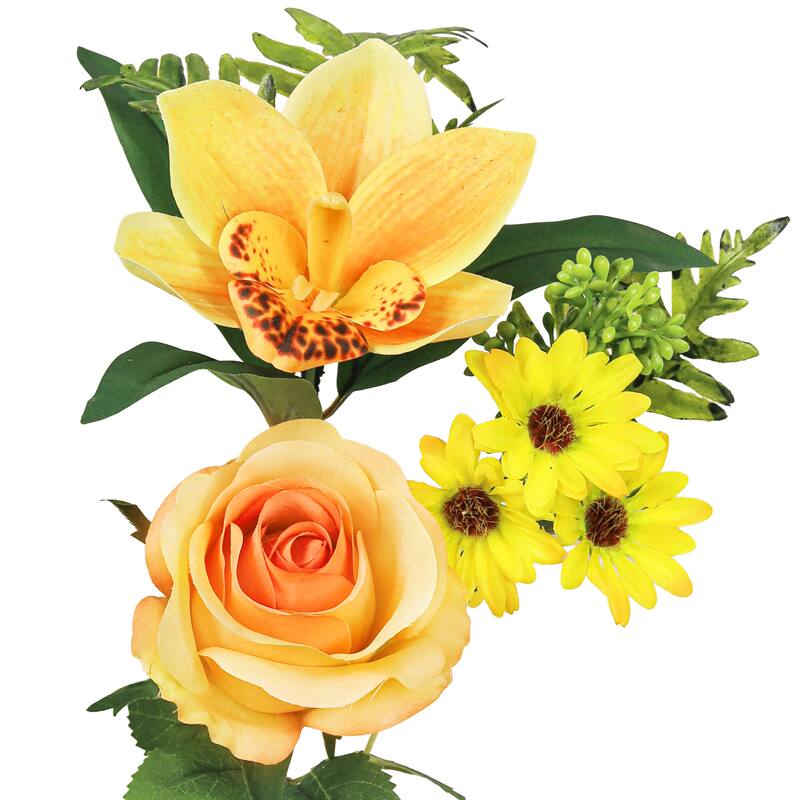 Set of 2 Yellow Orange Artificial Mixed Rose Cymbidium Orchid Daisy Flower Stem Bush Bouquet 16in - 16" L x 9" W x 9" DP