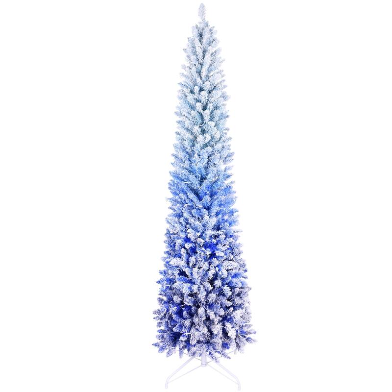 7FT Blue Gradient Flocked Pencil Christmas Tree with 300 Warm White LED Lights, 725 Tips, Hinged Branches, Slim Design